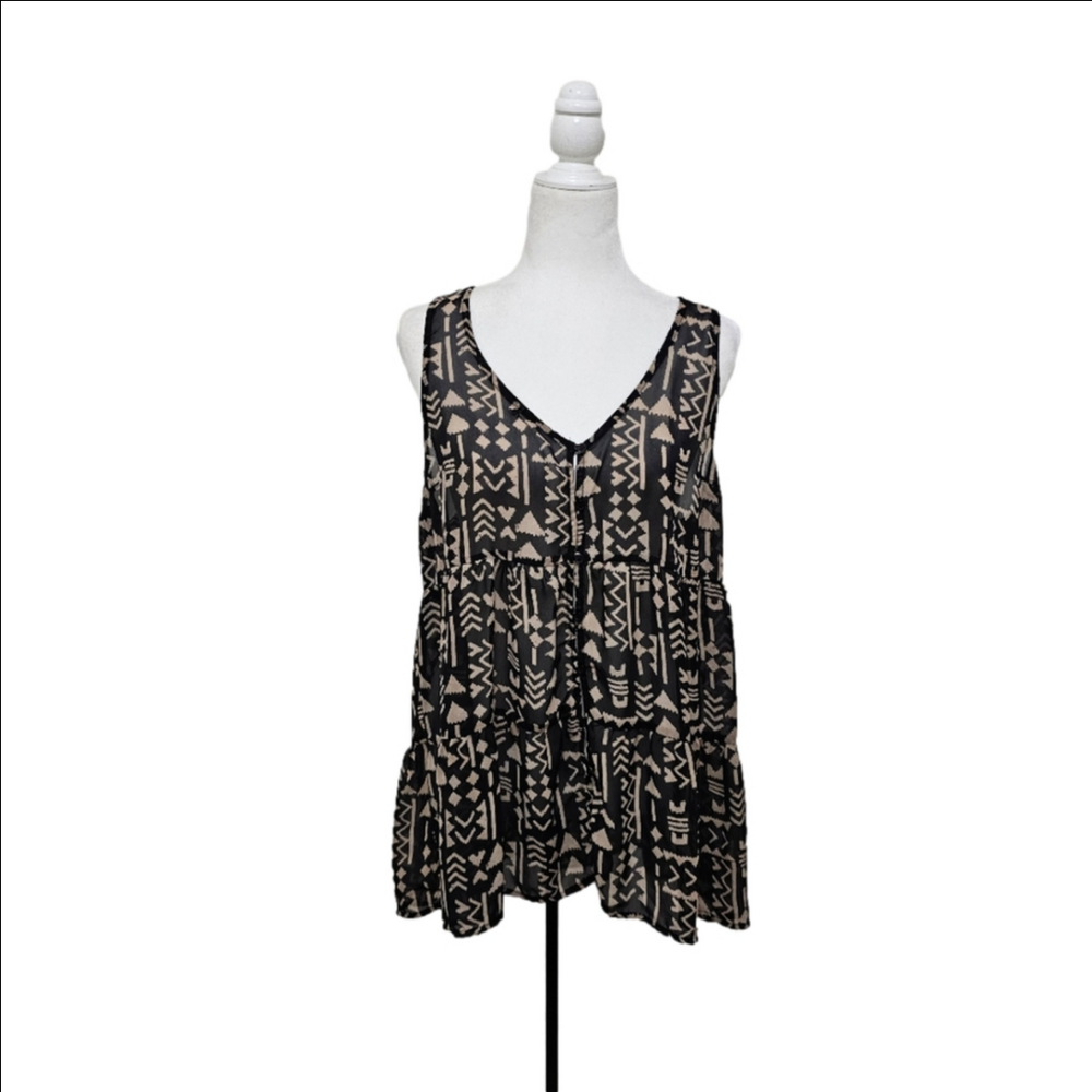Sheer Tribal Print Babydoll Blouse Sleeveless Flowy Loose Fit Buttondown Large